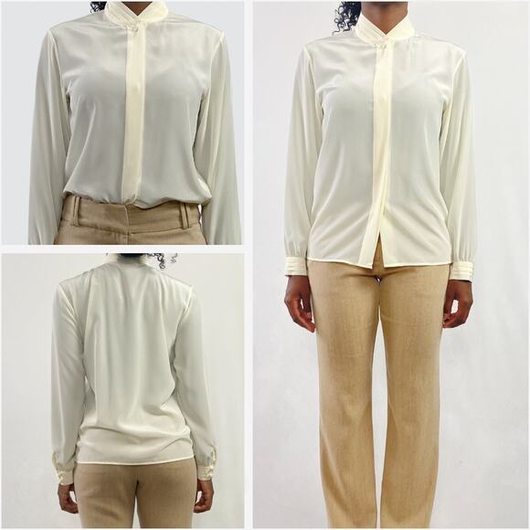 Vintage Talbots Cream Drapey Mandarin Band Collar Blouse Sz Medium - Picture 2 of 7